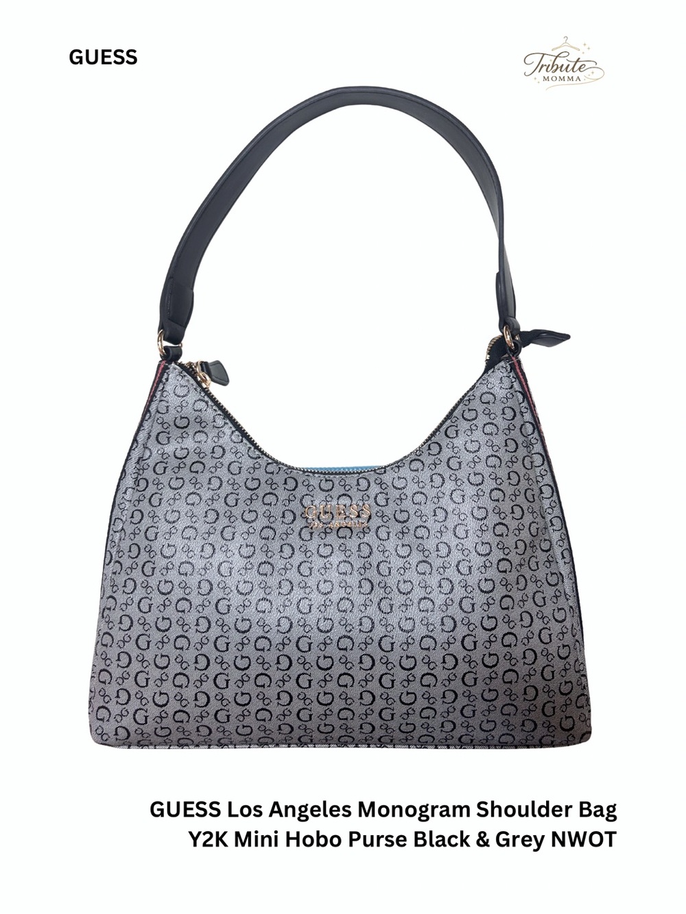 GUESS LA Monogram Shoulder Bag Y2K Mini Hobo Purse Black Grey NWOT